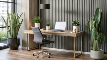 Sticker - Modern Home Office with Desk, Laptop, Plants, and a Black Lamp