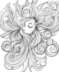 Sticker - A whimsical line art illustration of a serene face surrounded by flowing hair and swirling patterns.