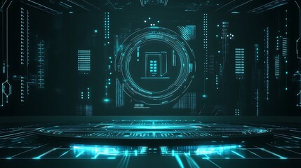 Poster - Futuristic Digital Interface with Glowing Blue Lines and a Circular Platform