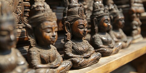 Canvas Print - Handcrafted Wooden Statues of Buddha in a Row on a Shelf