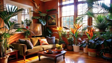 Poster - Living Room Interior Decorated with Tropical Plants and a Couch