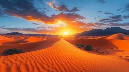 Canvas Print - sunrise over tranquil desert landscape with dunes and a sky filled with warm colors