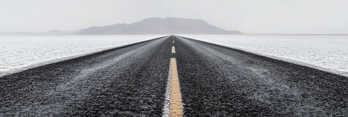 A lone asphalt road cuts through a vast salt flat, stretching towards a distant mountain range. The road represents a journey, the salt flat symbolizes purity and vastness, and the mountain signifies 