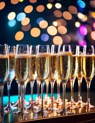 Glasses of champagne with bokeh background, celebration concept.