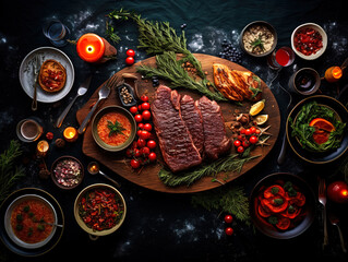 Wall Mural - Flat lay of Delicious Christmas themed dinner table with roasted meat steak, appetizers and desserts