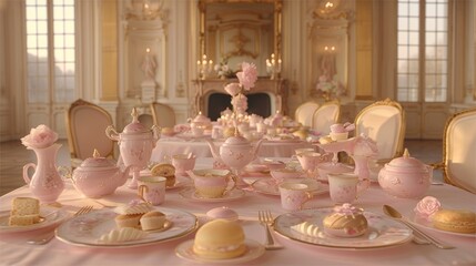 Elegant Pink Tea Party Table Setting in a Luxurious Palace Interior