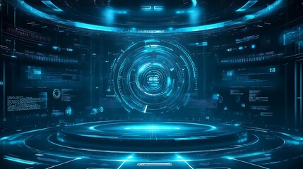 Poster - Futuristic Blue and Black Digital Interface with Circular Platform