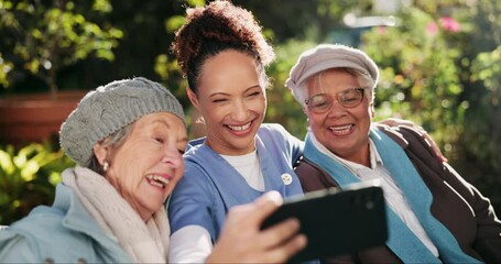 Poster - Senior, people and selfie in garden with caregiver on bench for memory, bonding and retirement community website. Elderly, women and nurse with photography outdoor for social media post and update.