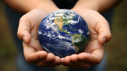 A pair of hands gently cradles a miniature globe, symbolizing the power we hold to shape the future of our planet. The image evokes themes of care, responsibility, sustainability, and the interconnect