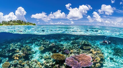 Wall Mural - Tropical Island with Coral Reef and Snorkeler