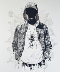 Wall Mural - A stylized illustration of a figure in a hoodie with intricate background details.