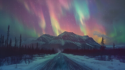 Wall Mural - aurora lights over a mountain range, capturing the beauty of the natural world