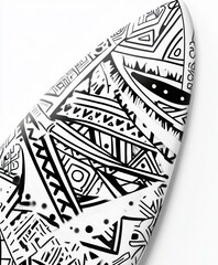 Canvas Print - A close-up of a surfboard featuring intricate black and white tribal patterns.