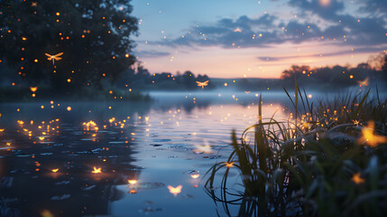 Wall Mural - fireflies dancing around a peaceful pond at twilight