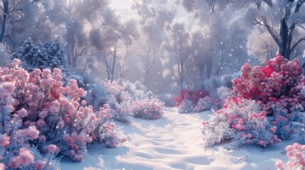 Canvas Print - Winter Wonderland Forest Path with Pink Blossoms