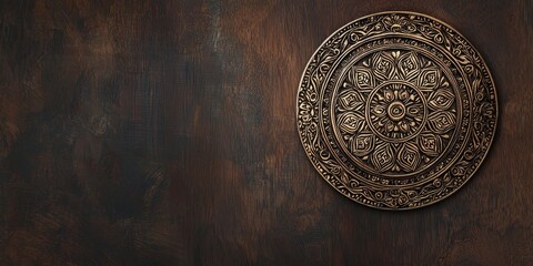 Canvas Print - Ornate Brass Mandala on Dark Wood Background