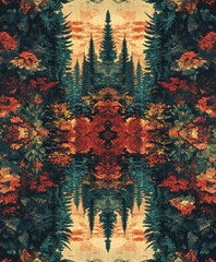 Poster - A symmetrical design featuring a vibrant forest landscape with rich colors and reflections.