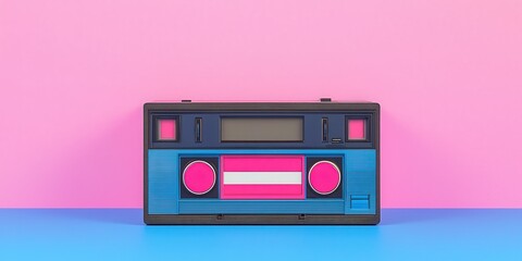 Poster - Retro Cassette Player on Pink and Blue Background