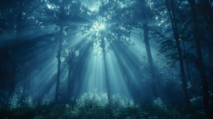 Wall Mural - glowing light beams breaking through a dense fog in a dark forest