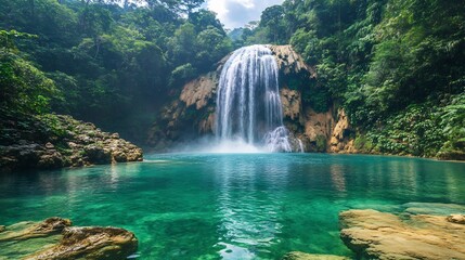 Canvas Print - majestic waterfall cascading into clear blue pool surrounded by lush greenery