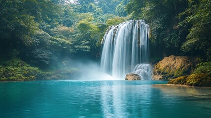 Canvas Print - majestic waterfall cascading into clear blue pool surrounded by lush greenery
