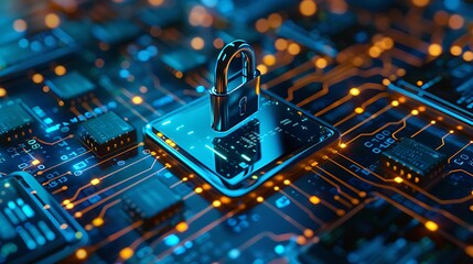 Poster - Futuristic Padlock Key with circuit board for Cyber ​​security Technology Concept or digital data system protection.