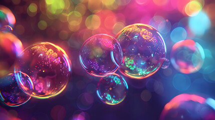 Wall Mural - Glowing rainbow-colored bubbles floating in a dark space