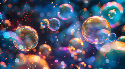 Wall Mural - Glowing rainbow-colored bubbles floating in a dark space