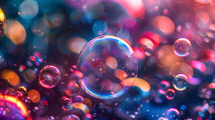 Wall Mural - Glowing rainbow-colored bubbles floating in a dark space