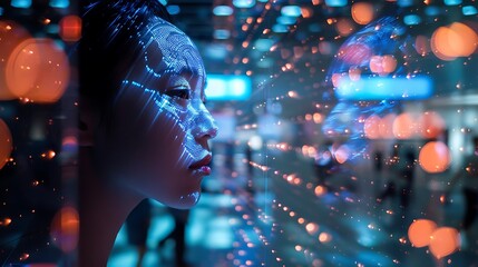 Poster - woman face with digital screen interface for futuristic modern technology progress concept.