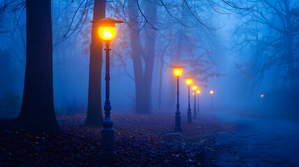 Wall Mural - glowing street lamps in a misty park at dawn