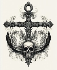 A detailed illustration featuring a skull, anchor, and ornate cross, symbolizing maritime themes.