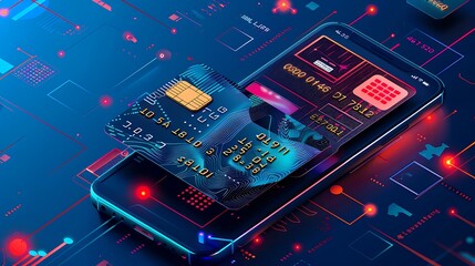 Poster - Credit card with smartphone for the Concept of Advancement of digital payment technology.