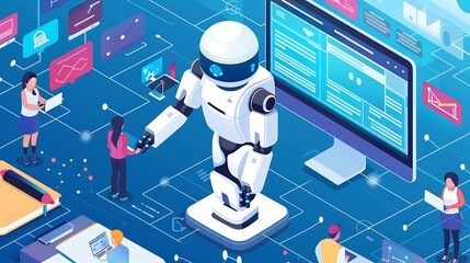 Poster - artificial intelligence robots ai interact with humans in a futuristic digital world for the concept
