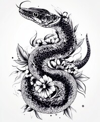 Sticker - A detailed black and white illustration of a snake intertwined with flowers and leaves.