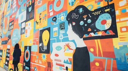 Poster - Colorful mural painted on the wall with Abstract geometric pattern shapes of woman silhouette for creativity concept inspiration ideas.