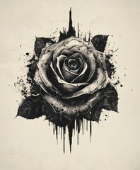 Poster - A monochromatic artistic rendering of a rose with abstract elements and textures.