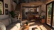 © Li - Cozy cabin tiny house interior transformation featuring rustic living room decor with natural wooden elements, warm lighting, and comfortable furniture.