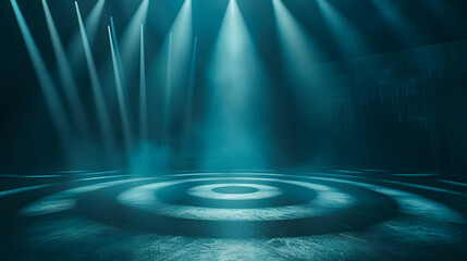 Wall Mural - Circular light patterns spinning over a stage, deep blue and green tones