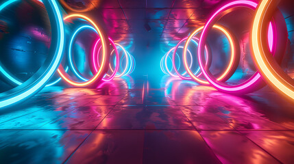Wall Mural - Interlocking rings of light, bright neon colors, dynamic and energetic visual