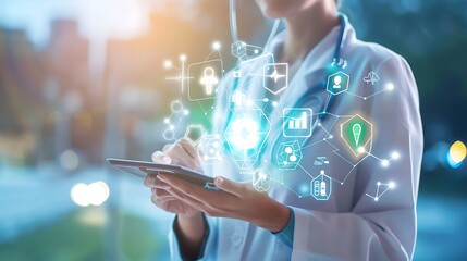 Poster - Doctors use tablet computers to access patient data and medical information for modern healthcare technology advancement and efficient patient care concept.