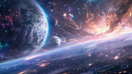 Wall Mural - a dramatic collision of two galaxies, creating a spectacular display of light and color.