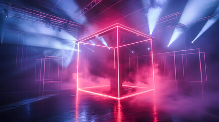 Wall Mural - Laser grid lights forming a 3D cube, intense red and blue colors