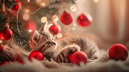 Playful kitten resting near red Christmas ornaments and a decorated tree with festive lights
