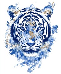 Poster - A stylized blue and gold tiger head illustration with artistic brush strokes.