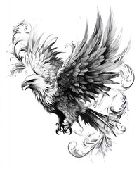 Wall Mural - A detailed black and white illustration of an eagle with intricate feather patterns.