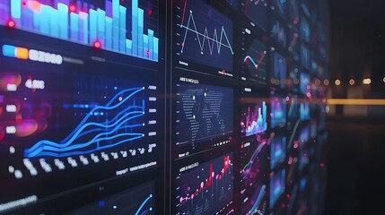 Fototapete - Wall screens displaying data visualizations charts and graphs with dynamic interface for representing vast modern information and data analysis visualization tools concept.