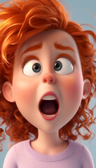 Poster - A cartoon character with curly red hair, wide eyes, and an open mouth, expressing surprise, terrified, scared or shock. The character has a youthful appearance. 3d style design on light background.