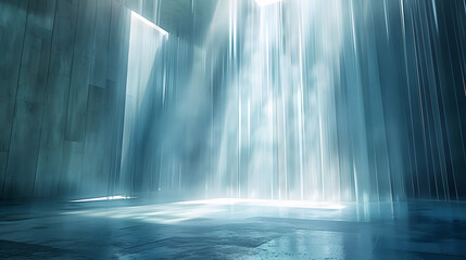 Wall Mural - Stage with cascading light effects, soft blue and white hues