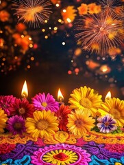 Wall Mural - festive Diwali poster with colorful rangoli patterns at the bottom, decorated with vibrant flowers, lamps, and fireworks in the background, ample copy space in the center, ai